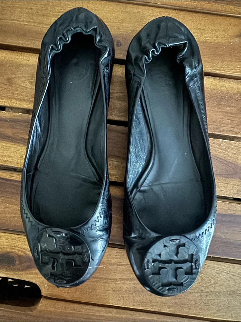 Tory Burch Minnie Travel Black Leather Ballet Flats Metal Logo Sz 6